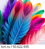 Close up of colorful rainbow feathers of bird on white background. Стоковое AI-изображение, AI-художник Анастасия / Фотобанк Лори