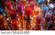 Cropped shot of collection of passion multicolor lipsticks, top view. Beauty industry and fashion concept. Copy space. Advertisement for makeup artists. Стоковое AI-изображение, AI-художник Ирина Михайличенко / Фотобанк Лори