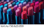Cropped shot of collection of passion multicolor lipsticks, top view. Beauty industry and fashion concept. Copy space. Advertisement for makeup artists. Стоковое AI-изображение, AI-художник Ирина Михайличенко / Фотобанк Лори