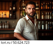 Брутальный бородатый бармен стоит у барной стойки. Портрет мужчины. Brutal bearded male bartender stands near the bar counter. Portrait of a man. Стоковое AI-изображение, AI-художник AllNikArt / Фотобанк Лори