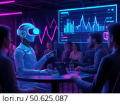A robot is talking to a group of people in a room with a projection screen. Стоковое AI-изображение, AI-художник Ярославский Максим / Фотобанк Лори
