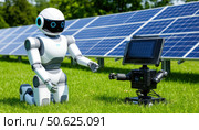 A robot is standing next to a solar panel. Стоковое AI-изображение, AI-художник Ярославский Максим / Фотобанк Лори