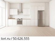 Modern trendy kitchen design with white cabinets. Subway tile backsplash, marble countertop. No brands or labels. Neutral contemporary design. Simply furniture with utensils, crockery, refrigerator. Стоковое AI-изображение, AI-художник Марина Демидюк / Фотобанк Лори