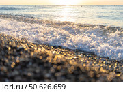 Sea waves crashing on pebbled beach at sunset with golden reflections on water surface. Стоковое фото, фотограф Наталья Семкина / Фотобанк Лори