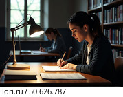 Студентка колледжа пишет конспекты в библиотеке. A college student is taking notes in the library. Стоковое AI-изображение, AI-художник Смирнова Светлана / Фотобанк Лори