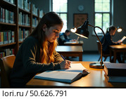 Студентка сидит в библиотеке и читает книгу под лампой. A student is sitting in the library, reading a book under a lamp. Стоковое AI-изображение, AI-художник Смирнова Светлана / Фотобанк Лори