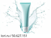 White blank plastic cosmetic tube in light blue water dynamic splashes isolated on white transparent backdrop. Teal package mockup. Hand cream, body lotion, face cleanser. Moisturizing beauty product. Стоковое AI-изображение, AI-художник Марина Демидюк / Фотобанк Лори