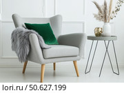 Interior of living room. Gray armchair, green pillow, coffee table and beige wall. Velour Chair against light wall, wooden floor, parquet. Home improvement. Beautiful luxurious modern room settings. Стоковое AI-изображение, AI-художник Марина Демидюк / Фотобанк Лори