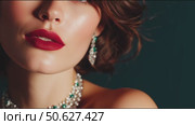 Captivating close-up of elegant woman showcasing luxurious jewelry and flawless makeup during an exclusive fashion event. Стоковое AI-видео, аниматор Сергей Толмачёв / Фотобанк Лори