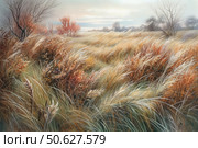 An atmospheric autumn-winter landscape with tall, dry grass swaying in the wind under an overcast sky. In the background are leafless trees and bushes in a muted range, with glimpses of orange and red foliage. The gentle light creates a sense of tranquility and transitional time of year, when autumn smoothly gives way to winter. The image is done in the style of watercolor painting with subtle elaboration of the textures of the grass and branches, creating an effect of almost tangible depth and lightness. Стоковое AI-изображение, AI-художник Анна Кривицкая / Фотобанк Лори