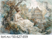 Elegant art nouveau illustration depicting a graceful woman in a luxurious dress, sitting among winding trees against the backdrop of an ancient castle or palace. The composition is made in soft watercolor tones with smooth lines, fantasy elements and a romantic atmosphere. The work resembles a fairy tale or an illustration for a historical novel, filled with magic, sophistication and aesthetics of bygone eras. Ideal for book, magazine, poster and interior design. Стоковое AI-изображение, AI-художник Анна Кривицкая / Фотобанк Лори