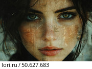 Art portrait of a girl with expressive green eyes and freckles, superimposed on a textured background with the effect of old cracked paint. The image captivates with its depth and emotionality, creating associations with Renaissance painting or surrealism. The combination of realistic beauty and an aged textured layer gives the image an artistic character and makes it ideal for conceptual and creative projects, posters, covers and visual collages. Стоковое AI-изображение, AI-художник Анна Кривицкая / Фотобанк Лори