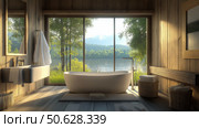 Modern luxury bathroom with picture window overlooking a tranquil lake and lush forest. Стоковое AI-изображение, AI-художник Михаил Коханчиков / Фотобанк Лори