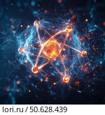 Atom with rotating electrons, energy and matter concept background. Стоковое AI-изображение, AI-художник Михаил Коханчиков / Фотобанк Лори
