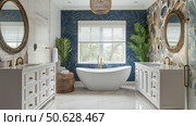 Elegant modern bathroom interior with a white bathtub and luxurious vanity. Стоковое AI-изображение, AI-художник Михаил Коханчиков / Фотобанк Лори