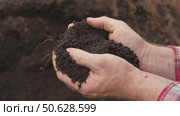 Fertile soil in male hands. Farmer hold rich land in field. Handful black soil. Natural ecological farming. Agricultural business. Humus, fertilized land. Bio agriculture and eco friendly cultivation. Стоковое видео, видеограф Марина Демидюк / Фотобанк Лори