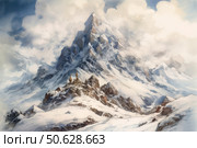 Atmospheric watercolor illustration of a majestic snow-covered mountain landscape. In the center of the composition rises a grandiose peak, disappearing into the clouds, conveying a feeling of cold, loneliness and the beauty of wild nature. At the foot of the mountain is an ancient Orthodox monastery with domes, hidden among the rocks and snow. The illustration is done in pastel and cold colors, creating an impression of peace and grandeur. Ideal for the design of books, postcards, travel projects, historical and cultural publications or fantasy stories. Стоковое AI-изображение, AI-художник Анна Кривицкая / Фотобанк Лори