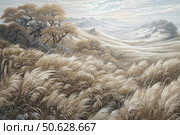 A picturesque watercolor illustration of wide rolling steppes covered with tall golden grasses blowing in the wind. In the background are soft silhouettes of mountains and frosted trees, adding depth and an atmosphere of winter calm. A light sky with light clouds emphasizes the softness and airiness of the composition. The image conveys a sense of peace, open space and the beauty of nature in its original form. Suitable for use in interior design, calendars, books and nature projects. Стоковое AI-изображение, AI-художник Анна Кривицкая / Фотобанк Лори