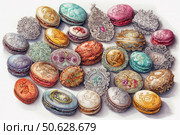 Watercolor illustration of exquisite macarons decorated with intricate ornaments and decorative elements in the Baroque and Rococo styles. Some of them resemble antique boxes or jewelry. Each macaron is unique in color, shape and design, which creates a visual richness and a sense of luxury. Ideal for culinary themes, sweets packaging, greeting card design, luxury confectionery and creative projects. Стоковое AI-изображение, AI-художник Анна Кривицкая / Фотобанк Лори