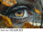 Macro photography of a human eye surrounded by autumn leaves. The iris reflects the light and seems almost fiery, with golden-amber tints. Tiny drops and particles are visible on the skin, creating an effect of mystery and depth. The atmosphere of the picture combines elements of nature, emotions and symbolism of observation, perception and the inner world. Стоковое AI-изображение, AI-художник Анна Кривицкая / Фотобанк Лори