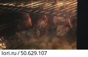 Chicken drumsticks roasting in an oven, dripping juices onto a tray below. The warm glow highlights the crispy texture, creating an appetizing and savory scene. Стоковое видео, видеограф Ольга Ильина / Фотобанк Лори