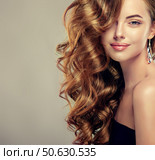 Beautiful girl with long wavy hair . Brunette model woman curly hairstyle . Hair coloring technique Balayage and Shatush. Cosmetology and hair care. Стоковое фото, фотограф Sofia Zhuravetc / Фотобанк Лори