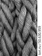 A close-up perspective reveals the intricate details of multiple gray ropes woven together, creating a striking visual of texture and form. The strands display a variety of twisting patterns, showcasing the skill involved in their crafting. Стоковое фото, фотограф Владимир Разгуляев / Фотобанк Лори