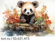 A charming watercolor illustration of a cute panda cub sitting by the water among colorful autumn plants. The panda looks straight at the viewer with expressive eyes and a paw slightly raised in greeting. The composition is filled with warm orange and green hues, and stylized drips and splashes add liveliness and playfulness to the image. Perfect for decorating children's books, cards, posters, baby products, wall decor and projects related to nature and kindness. Стоковое AI-изображение, AI-художник Анна Кривицкая / Фотобанк Лори