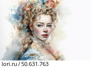 A watercolour portrait of a young woman in the 18th century style, executed with great artistic detail. She is depicted in semi-profile, with a soft yet penetrating gaze and a delicate blush on her cheeks. Her light hair is styled in an elegant updo, decorated with curls, and the background is decorated with floral brushstrokes, creating a feeling of romance and airiness. The woman wears an exquisite pastel dress and graceful earrings, emphasizing the nobility and sophistication of the image. The illustration is ideal for the themes of history, romanticism, fashion and art. Стоковое AI-изображение, AI-художник Анна Кривицкая / Фотобанк Лори