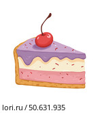 Delicious layered cake slice with cherry on top, colorful illustration, isolated on a white background, copy space. Стоковое AI-изображение, AI-художник Елена Скрипкина / Фотобанк Лори