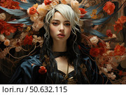 Artistic portrait of a woman with expressive features and two-tone hair against a fantastic composition of flowers and feathers. She is dressed in a luxurious black dress with gold patterns and decorations. A wreath of bright scarlet and cream flowers intertwined with blue feathers creates the impression of a crown or a symbol of a goddess of nature. The atmosphere of the image combines mysticism, grandeur and natural power, making it ideal for fantasy, fashion, mythology and visual art themes. Стоковое AI-изображение, AI-художник Анна Кривицкая / Фотобанк Лори
