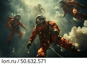 A dramatic and cinematic scene featuring a group of astronauts in bright orange spacesuits floating in a thick cloud of smoke. Lighting emphasizes the tense atmosphere, while dust particles and sparks add movement and dynamism. The astronauts are connected by safety cables, as if they are on a difficult mission in an emergency situation. The image is ideal for science fiction, space, rescue, exploration and visual storytelling themes. Стоковое AI-изображение, AI-художник Анна Кривицкая / Фотобанк Лори