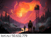 A fantastic digital illustration of a dramatic sunset, where a group of explorers in spacesuits and with backpacks move through a swampy area through a forest towards a bright, almost alien light on the horizon. Huge pink-orange clouds, a mysterious tower and silhouettes of trees create the feeling of another planet or a post-apocalyptic future. An atmosphere of mystery, anticipation and a scientific expedition into the unknown. Suitable for themes of science fiction, travel, video games, book and film covers. Стоковое AI-изображение, AI-художник Анна Кривицкая / Фотобанк Лори