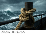 Веревка завязана на палубе корабля на фоне бушующего моря и дождя. Стоковое AI-изображение, AI-художник Башкирова Анна / Фотобанк Лори