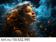 A fantastic portrait of a young woman looking up with an expression of admiration and hope. Her curly hair shines in the darkness, shrouded in soft lights, like fireflies, against the background of thick night clouds. The atmosphere of the image is filled with magic, inspiration and a sense of touching something great and cosmic. Perfect for themes of dreams, fantasy, inspiration, inner strength and finding light in the dark. Стоковое AI-изображение, AI-художник Анна Кривицкая / Фотобанк Лори