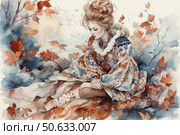 Watercolor illustration of a girl in a richly decorated autumn dress, sitting surrounded by falling leaves. Her pose is thoughtful, her gaze is downcast, her hair is gathered in a loose high hairstyle. The clothes are decorated with floral and plant patterns in warm shades - ocher, terracotta, blue. The background is made in soft blurred colors, imitating an autumn forest. The atmosphere is melancholic, poetic, with a touch of fairy tale and romance. Стоковое AI-изображение, AI-художник Анна Кривицкая / Фотобанк Лори