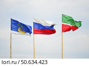 Российский флаг в содружестве с флагами компании сабантуй и республики Татарстан развиваются на ветру. Стоковое фото, фотограф Светлана Русских / Фотобанк Лори
