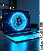A laptop screen shows a blue circle with a B in the center. Стоковое AI-изображение, AI-художник Ярославский Максим / Фотобанк Лори