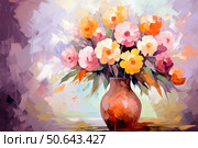 Colorful flowers painting in clay vase with impressionist style. Стоковое AI-изображение, AI-художник Иван Рябоконь / Фотобанк Лори