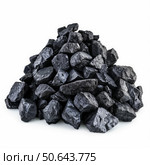 Pile of black coal forming a small mountain on white background. Стоковое AI-изображение, AI-художник Иван Рябоконь / Фотобанк Лори