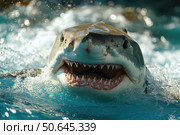 Great white shark with jaws open in attack mode swimming through blue ocean water. Carcharodon carcharias, surfacing with the head out of the water and the mouth wide open off. Стоковое AI-изображение, AI-художник Ирина Михайличенко / Фотобанк Лори