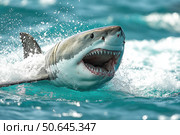 Great white shark with jaws open in attack mode swimming through blue ocean water. Carcharodon carcharias, surfacing with the head out of the water and the mouth wide open off. Стоковое AI-изображение, AI-художник Ирина Михайличенко / Фотобанк Лори