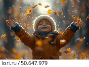 Little boy having fun during stroll in the forest at sunny autumn day. Child playing maple leaves. Baby tossing the leaves up. Active family time on nature. Hiking with little kids. Dry leaves rustle. Стоковое AI-изображение, AI-художник Ирина Михайличенко / Фотобанк Лори