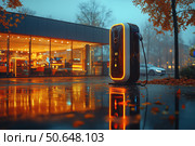 Electric Vehicle and Bus Charging Points. Shot of modern electric power charging station for EV, PHEV and HEV near store. Charging Station Electric Car Charging Station. Стоковое AI-изображение, AI-художник Ирина Михайличенко / Фотобанк Лори