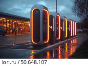 Electric Vehicle and Bus Charging Points. Shot of modern electric power charging station for EV, PHEV and HEV near store. Charging Station Electric Car Charging Station. Стоковое AI-изображение, AI-художник Ирина Михайличенко / Фотобанк Лори
