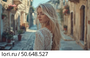 Exploring a Picturesque Alley With a Woman in a White Lace Dress During a Sunny Day. Стоковое AI-видео, аниматор Юлия Гапеенко / Фотобанк Лори