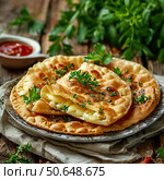 Пресная лепешка с сыром. Стоковое AI-изображение, AI-художник Мария Ульянова / Фотобанк Лори