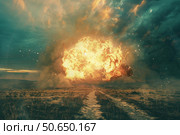 Huge explosion creating a shockwave in the desert landscape. Стоковое AI-изображение, AI-художник Иван Рябоконь / Фотобанк Лори