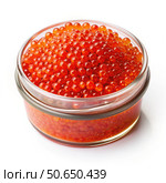 One Kilogram of Red Caviar in a Clear Glass Jar on a White Background. Generative AI. Стоковое AI-изображение, AI-художник Roman Zavorotny / Фотобанк Лори