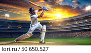 Indian Cricketer Batting During Golden Hour at a Packed Stadium. Generative AI. Стоковое AI-изображение, AI-художник Roman Zavorotny / Фотобанк Лори